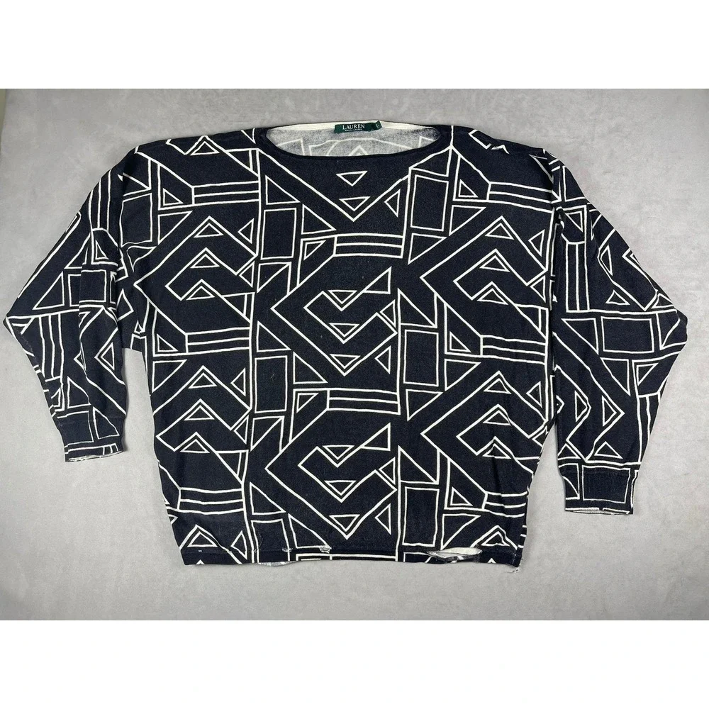 Lauren Ralph Lauren Womens XL Black White Geometric Knit Dolman Sweater‎ AS IS